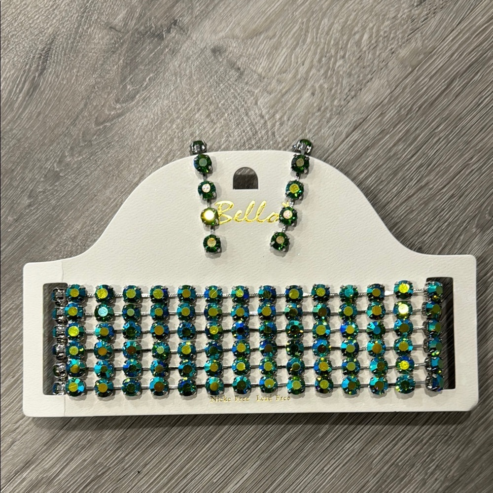 Green Blue Crystal AB Necklace Choker Drop Earring Jewelry Set